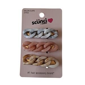 NEW Scunci 3-Piece Marbled Chain Link Hair Clips Salon Clip Gray Pink Brown
